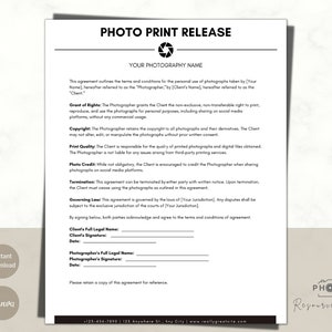 May include: A black and white photo print release form with the title "PHOTO PRINT RELEASE" at the top. The form includes sections for the photographer and client to sign, including their full legal names and signatures. The form also includes sections for the date, grant of rights, copyright, print quality, photo credit, termination, and governing law.