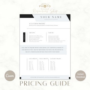 Photography Pricing Guide Template, Price list, A La Carte Price List, Photographer Price Guide, Canva Template, Photography Template