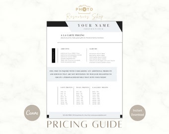 May include: A pricing guide for a photography studio with a black and white design. The guide lists prices for add-ons, albums, gift prints, wall prints, and gallery wraps. The text "PHOTO Resources Shop" and "YOUR NAME PHOTOSTUDIO" is at the top of the page.