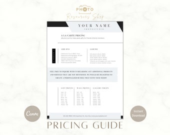 Photography Pricing Guide Template, Price list, A La Carte Price List, Photographer Price Guide, Canva Template, Photography Template