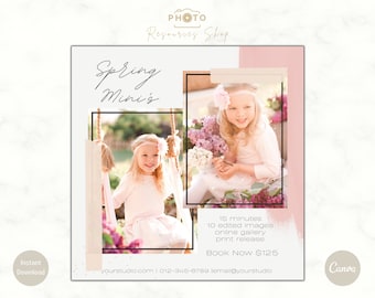 May include: A promotional graphic for a photography studio, featuring two photos of a young girl in a pink dress. The text reads "Spring Mini's" and includes details about the photo session, such as "15 minutes" and "10 edited images."