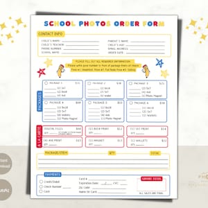 Puede incluir: Un formulario de pedido de fotos escolares amarillo, rojo y azul con un lápiz de dibujos animados y estrellas. El formulario incluye información de contacto, opciones de paquete, artículos a la carta, opciones de pago y una sección de total general. El formulario está titulado "Formulario de pedido de fotos escolares".