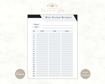 May include: A printable mini session register with the words "Mini Session Register" at the top. The register has columns for "No", "Name", "Time", and "Email". There are 20 rows for entries.