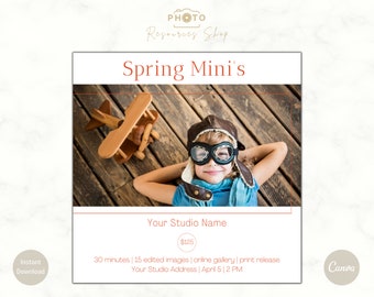 Modelo de Mini Sessão de Primavera, Mini Sessão, Modelo de Fotografia Canva, Modelo de Mini Sessão, Quadro de Marketing de Primavera, Minis de Primavera