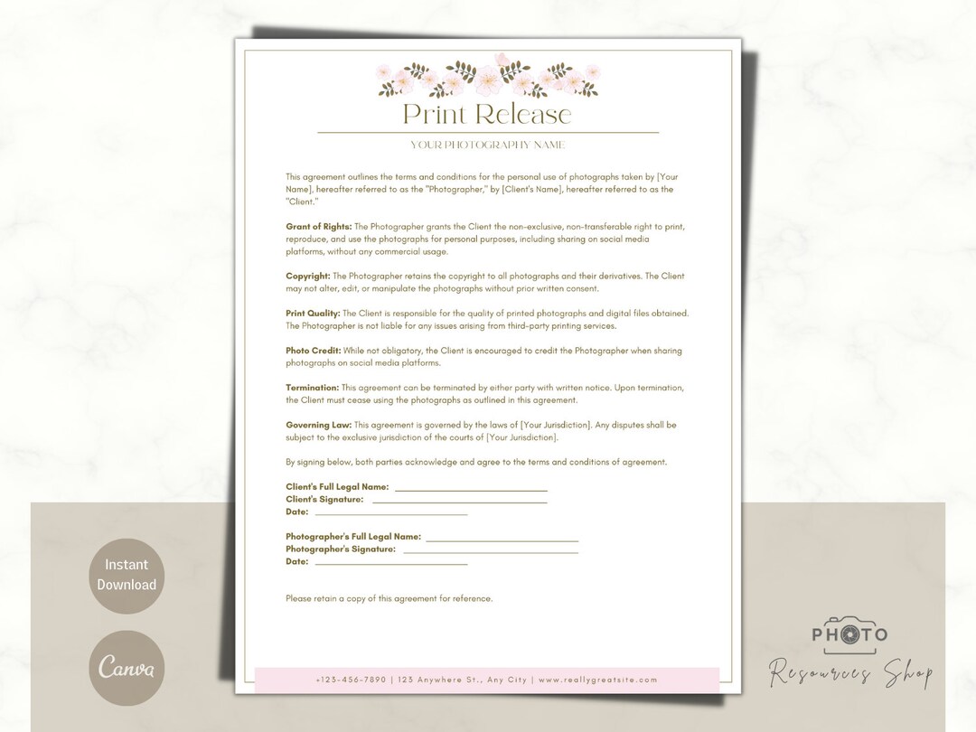 Floral Photography Print Release Template | Canva Editable (digital ...