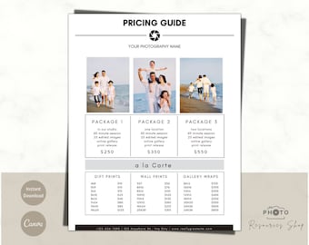 Photography Pricing Guide Template, Price list, Pricing Sheet, Photographer Price Guide,  Editable, Canva Template, Photography Template