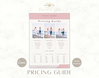 Photography Pricing Guide Template, Price list, Pricing Sheet, Photographer Price Guide,  Editable, Canva Template, Photography Template