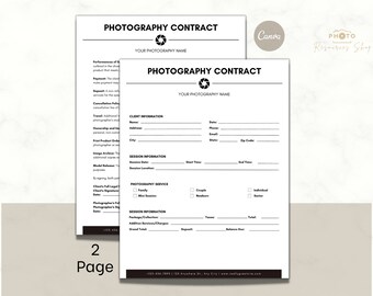Photography Contract Canva Template | 2 Page Editable Client Agreement Document | Business Forms for Photographers