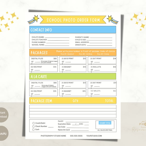 School Photography Order Form | Canva Template | Photography Forms | Preschool Photographer Form | School Photography | Easy to Customize