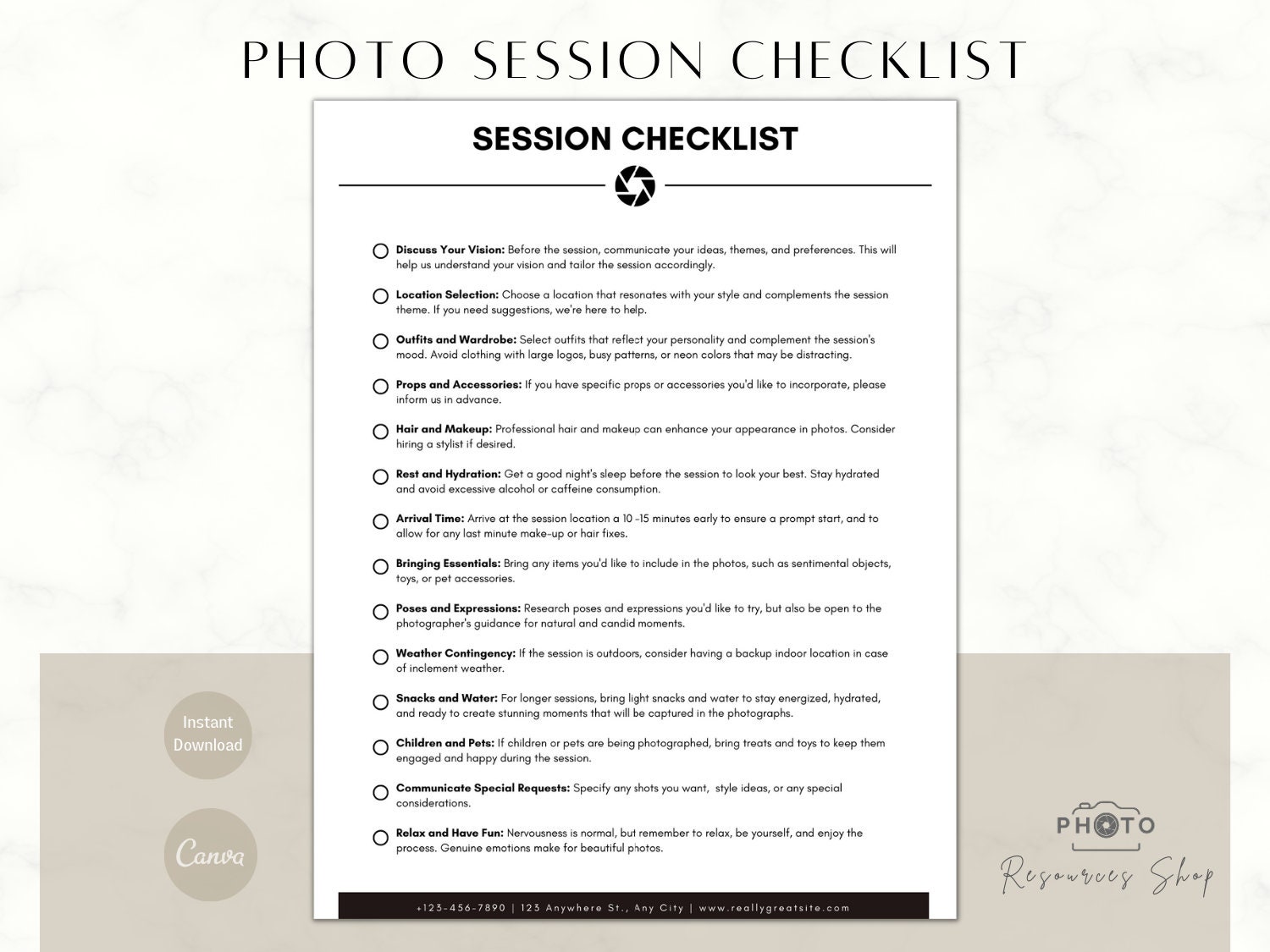 Photography Session Checklist Template | Canva, Photo Business (digital ...