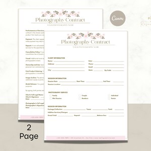 Floral Photography Contract Canva Template | 2 Page Editable Client Agreement Document | Business Form for Photographers | Client Contract