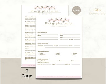 Floral Photography Contract Canva Template | 2 Page Editable Client Agreement Document | Business Form for Photographers | Client Contract