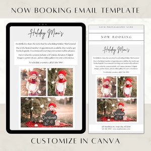 Puede incluir: Una plantilla digital para un correo electrónico anunciando sesiones de fotos navideñas en miniatura. La plantilla presenta un esquema de color festivo con acentos de rojo, blanco y verde. Incluye un cuadro de texto con información sobre las sesiones, una llamada a la acción para reservar y un collage de fotos de niños con atuendos navideños.