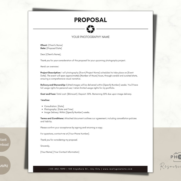 Photography Proposal Template | Photo Session List | Canva Template | Easy-To-Edit Photography Business Form | Photographer Forms | Contract