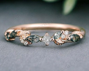 Leaf Vine Moss agate Wedding band Solid Rose Gold Marquise Alexandrite Moissanite marriage ring Dainty ring Promise Anniversary wedding band