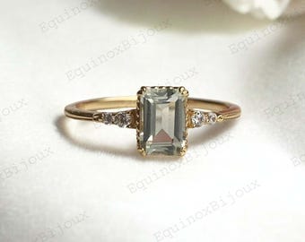 Emerald Cut Green Amethyst Ring, Gold Solitaire Engagement Ring, Minimalist Wedding Band, Dainty Promise Ring for Her Personalized Gifts