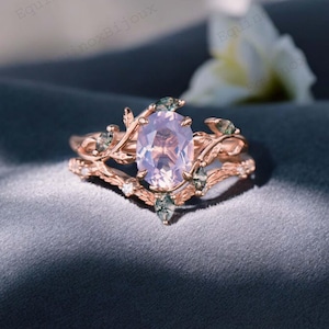 Vintage oval cut Lavender Amethyst engagement ring rose gold art deco cluster leaf nature inspired moss agate bridal wedding ring set women