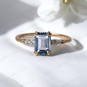 Aquamarine Ring, Emerald Cut Ring 14K yellow Gold Engagement Ring Gift For Her, Sterling Silver Ring, March Birthstone Delicate ring For Her