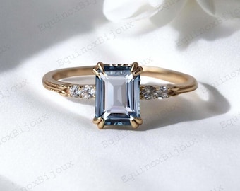 Aquamarine Ring, Emerald Cut Ring 14K yellow Gold Engagement Ring Gift For Her, Sterling Silver Ring, March Birthstone Delicate ring For Her