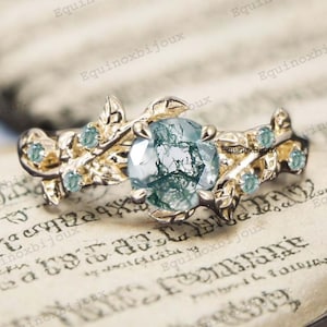 Natural Round Moss Agate Engagement Ring, Art Deco Leaf White Gold Moss Agate Cluster Ring, Green Gemstone Branch Promise Ring Twig Jewelry