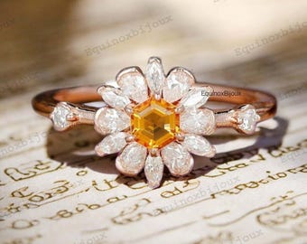 Vintage Hexagon-Cut Natural Citrine November Birthstone Ring, 14K Gold Marquise & Pear Cluster Promise, Proposal Ring, Gift For Loved Ones