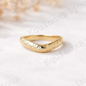 Diamond Deep Curve Wedding Band - Thick Pave U-Shaped Stacking Band, Chevron Ring with Round Moissanite, Cigar Contour Design Band Ring