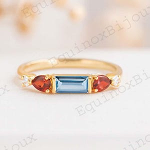 Dainty Aquamarine Wedding Band Baguette Cut Dainty Diamond Engagement Ring Garnet Bridal Jewelry Gift for Girlfriend Birthstone Gold Ring