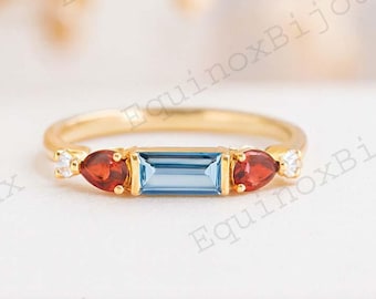 Dainty Aquamarine Wedding Band Baguette Cut Dainty Diamond Engagement Ring Garnet Bridal Jewelry Gift for Girlfriend Birthstone Gold Ring