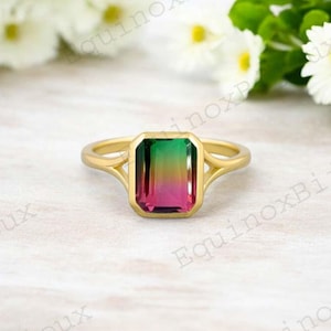 Watermelon Tourmaline Ring Gold Emerald Cut Tourmaline Engagement Ring October Birthstone Unique Statement Gemstone Jewelry PersonalizedGift
