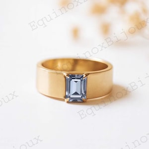 Anillo de aguamarina de talla esmeralda, alianza vintage para mujer, anillo de oro rosa de 14 quilates, alianza nupcial apilable, banda ancha y gruesa, regalo de aniversario.