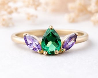 Teardrop Emerald Engagement Ring Art Deco Bridal Women Ring Unique Marquise Amethyst Cluster Ring Three Gemstone Ring Birthday Gift Jewelry
