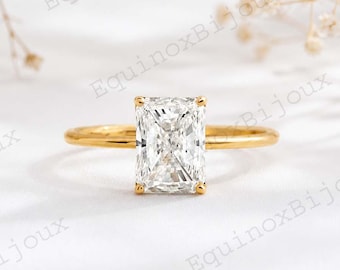 Anillo de compromiso solitario de moissanita de corte radiante, delicado anillo de compromiso de oro macizo de 14 k, anillo para mujer, anillo de bodas, anillo de compromiso de viaje