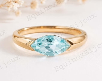 East-west Set Marquise Cut Aquamarine Signet Ring Minimalist Aquamarine Engagement Ring Yellow Gold Marquise Aquamarine Wedding Band Jewelry