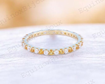 Citrine Diamond Wedding Band, Citrine Full Eternity Band, 18k Solid Gold, Matching Band, Stacking Ring, Birthstone Ring, Gift For Women.