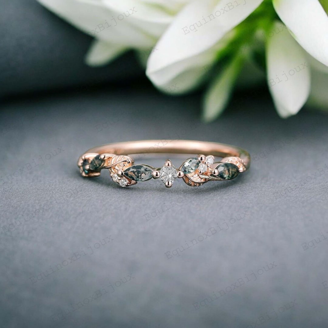 Leaf Vine Moss Agate Wedding Band Solid Rose Gold Marquise Alexandrite Moissanite Marriage Ring Dainty Ring Promise Anniversary Wedding Band - Etsy Japan