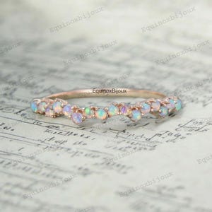 Natural Opal Ring, Vintage Opal Band, Opal Wedding Band, Rose Gold Opal Ring, Dainty Opal Ring, October Birthstone Ring, Matching Band Ring