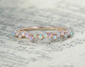 Natural Opal Ring, Vintage Opal Band, Opal Wedding Band, Rose Gold Opal Ring, Dainty Opal Ring, October Birthstone Ring, Matching Band Ring