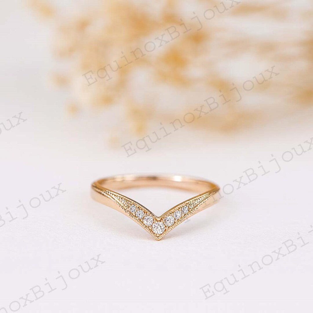 Gold Chevron Moissanite Ring Dainty V Shaped Wedding Band Engraved ...