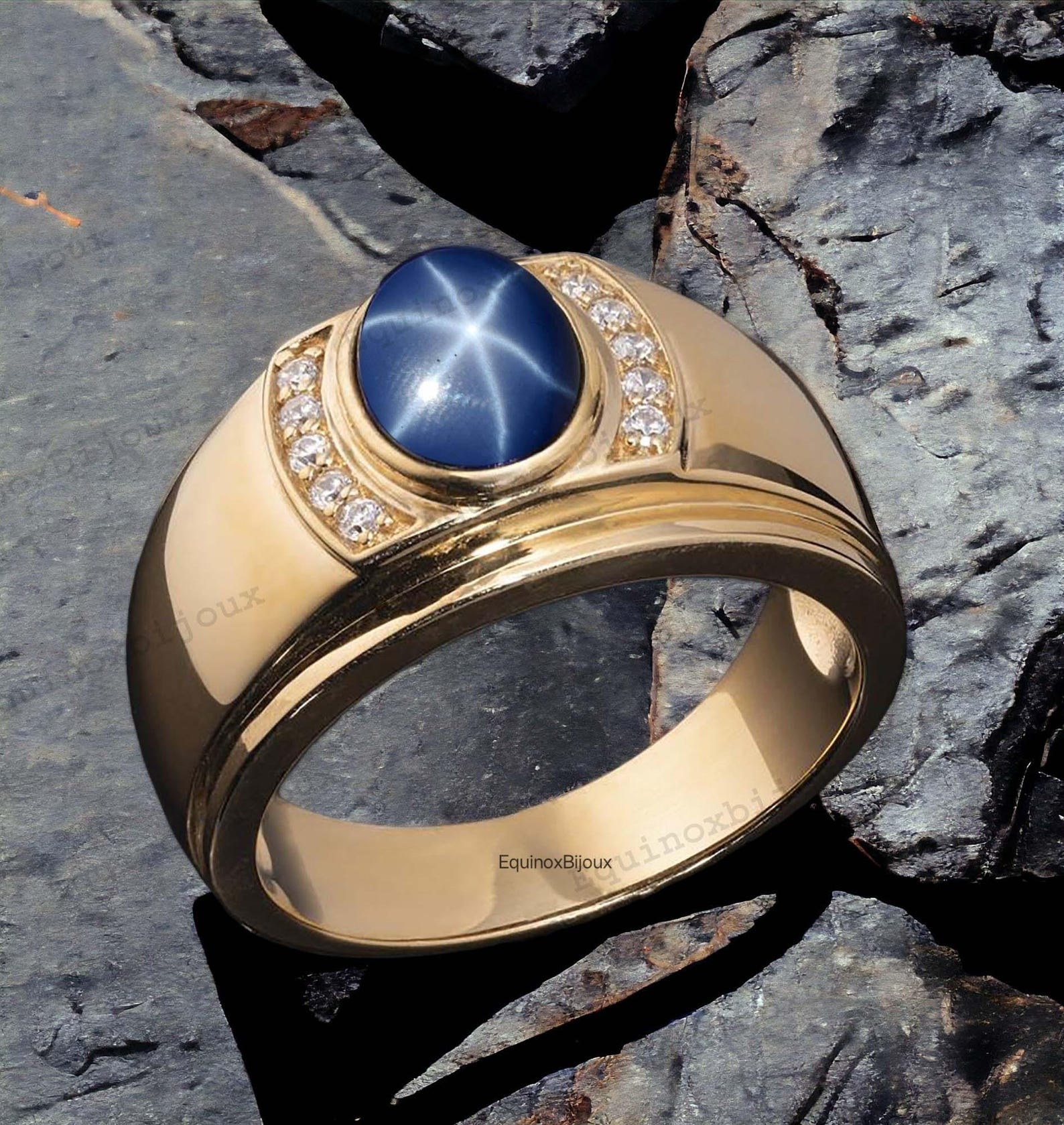 14k Gold Men's Star Sapphire Ring, Solid 925 Sterling Silver, Lindy ...