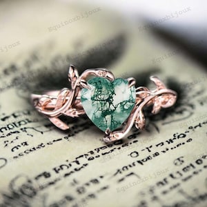 Vintage Heart-cut Moss Agate Engagement Ring, 925 Sterling Silver Nature Inspired Twig Moss Agate Leaf Promise, Proposal Ring, Gift For Her
