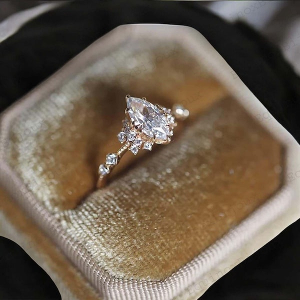 Marquise Moissanite Engagement Ring, Vintage Yellow Gold Diamond Wedding Ring, Unique Cluster Promise Ring, Bridal Anniversary Ring For Her