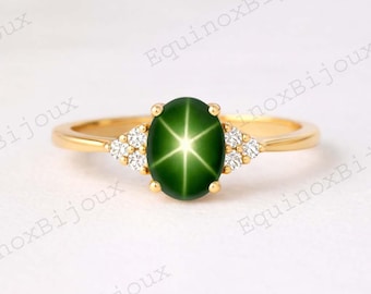 Grüner Stern Saphir Ring, Gold Verlobungsring mit CZ Diamanten, Oval Cabochon Stern Saphir Versprechen Ring, Minimalist Hochzeit Schmuck Geschenk
