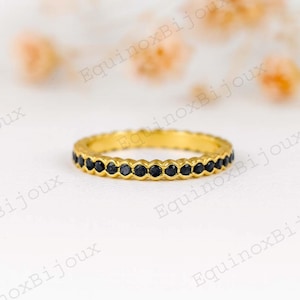 Black Onyx Eternity Thin Wedding Ring Band Yellow Rose Gold Stackable Ring Simple Pave Stacking Ring Black Stone Matching Band Gift For Her