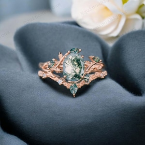 Vintage oval cut green moss agate engagement ring yellow gold art deco cluster leaf nature inspired bridal promise wedding ring set women