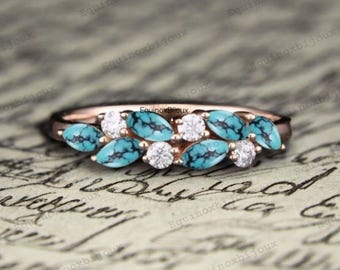 Marquise Turquoise Wedding Band, Rose Gold Dainty Turquoise Band, Vintage Moissanite Stackable Art Deco Diamond Prong Set Ring, Gift For Her