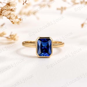 Blue Sapphire Radiant Cut Classic Ring, Vintage Bezel Set September Birthstone Sapphire Solitaire Ring, 14K Solid Gold Wedding Ring For Her