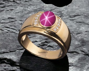 14k Gold Men's Star Ruby Ring, Solid 925 Sterling Silver, Lindy Star Ruby Ring For Men, 7×9 mm Oval Cabochon Gemstone, Birthday Gift For Him