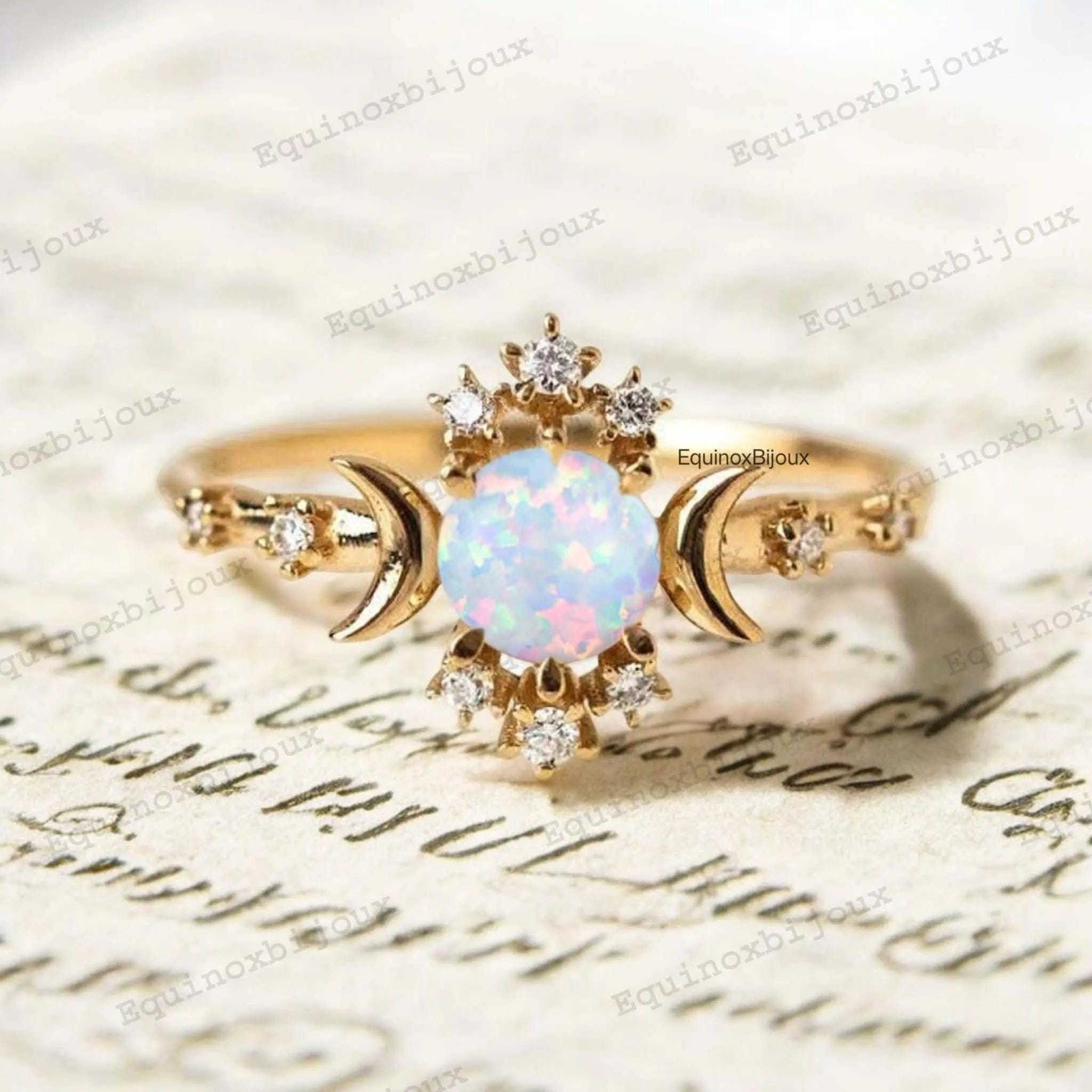 Antique Crescent Moon Engagement Ring, Round Fire Opal Moon & Star Ring, Handmade Cluster Statement Promise Ring, Birthday Gift Ring For Her