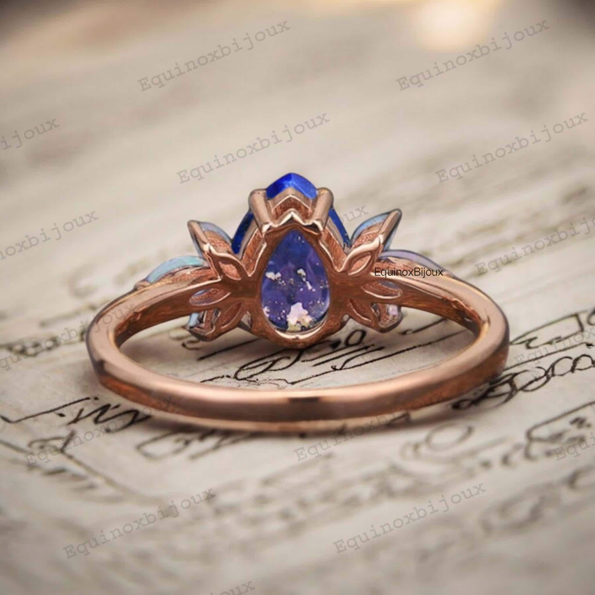 Pear Cut Lapis Lazuli Engagement Ring, 14K Gold Marquise Fire Opal ...
