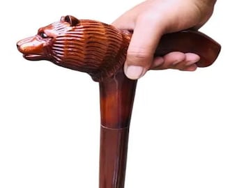 Bastón de madera decorativo con cabeza de león tallada a mano